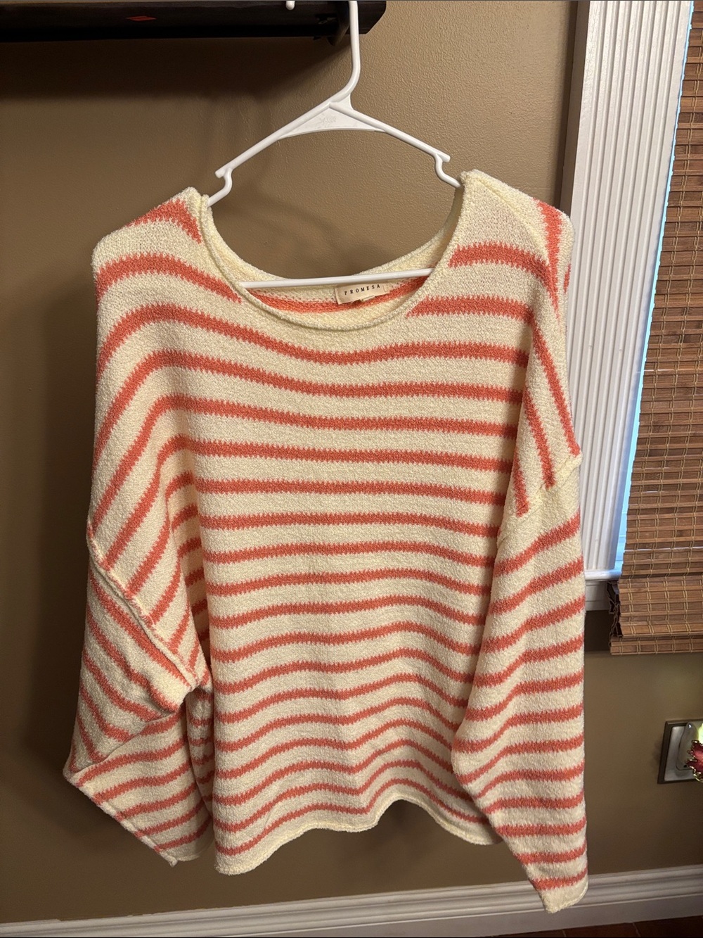 Promesa Cream and Coral Striped Crewneck Sweater